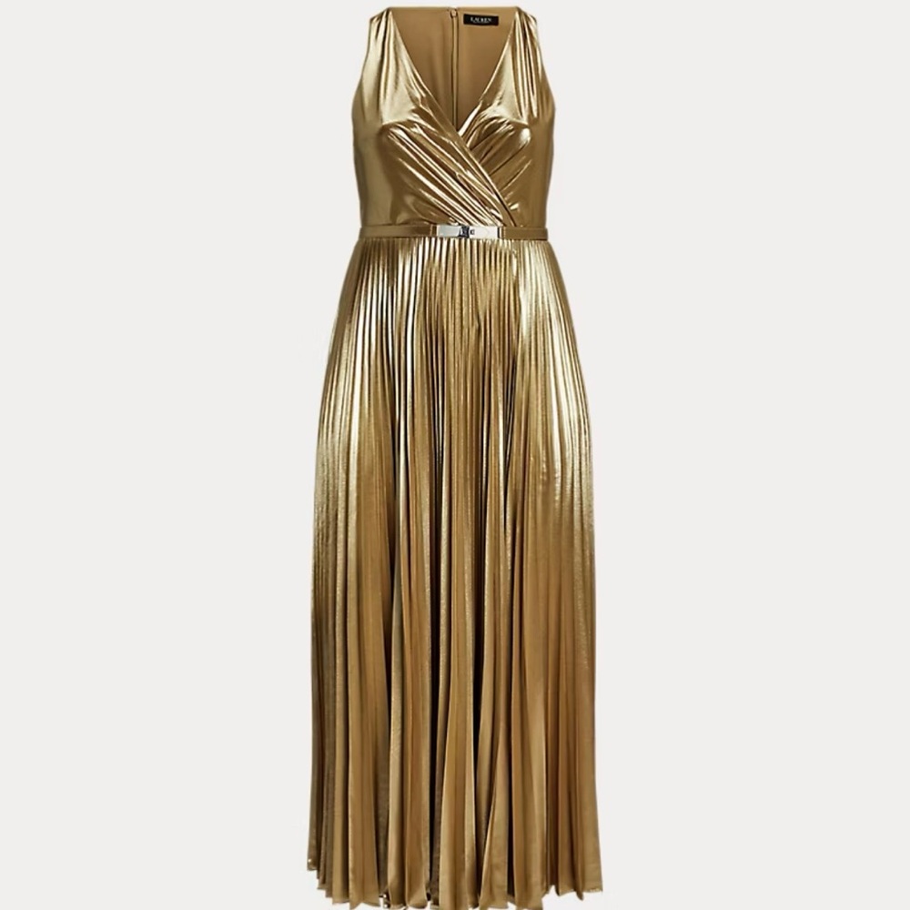 Ralph Lauren Metallic Gold Pleated Maxi Dress